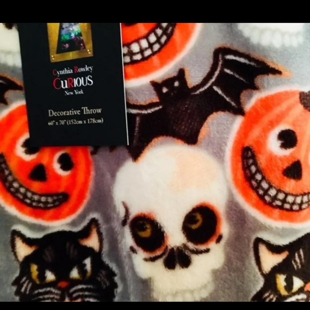 Halloween Vintage Images Throw Blanket Black Cats Skulls JOL Pumpkins Bats Plush